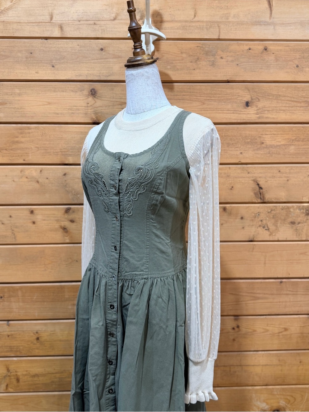 Vintage Together! Olive Green Embroidered Button Front Prairie Maxi Dress Size 6